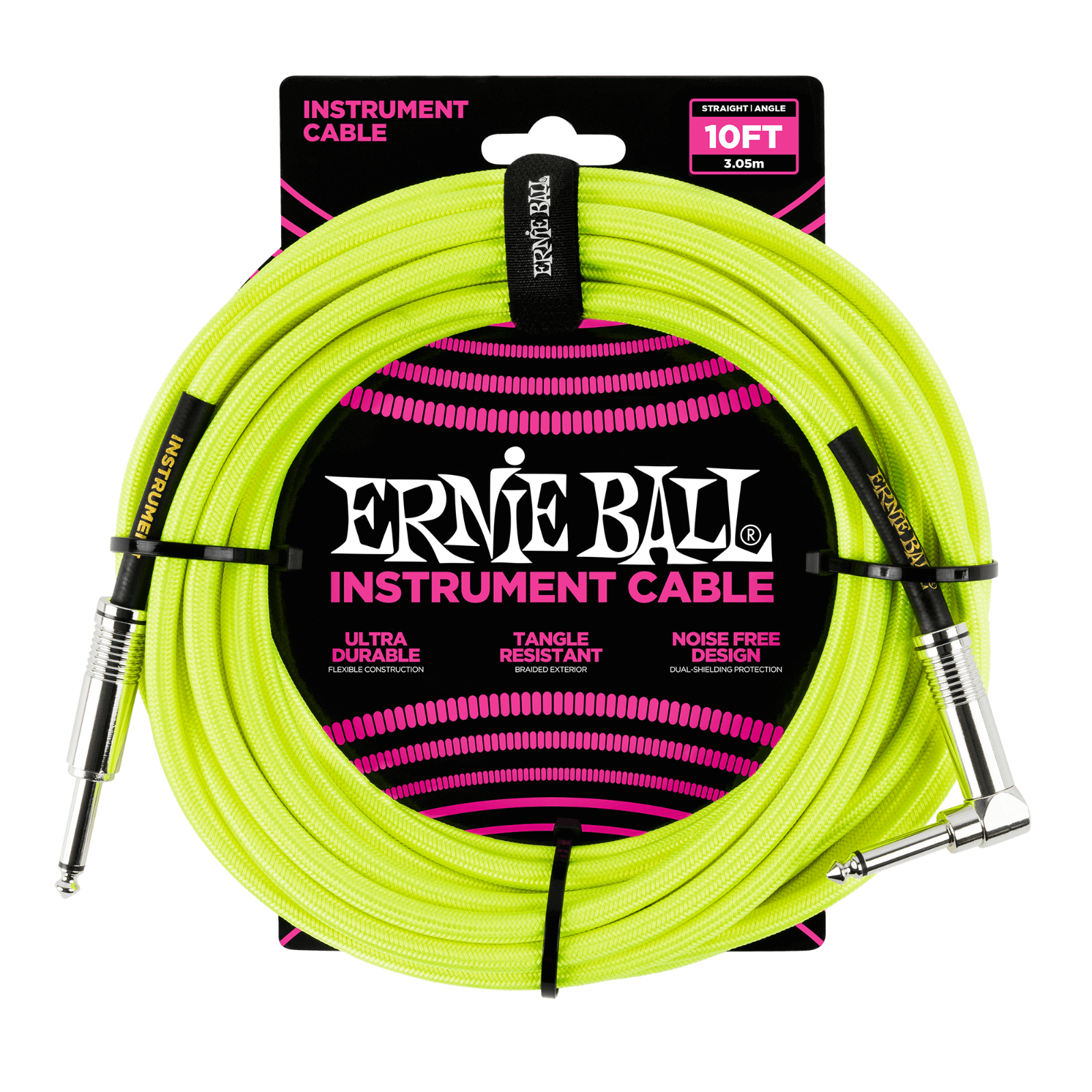 Ernie Ball 10ft Braided Neon Yellow Tangle Free Guitar / Instrument Cable Lead