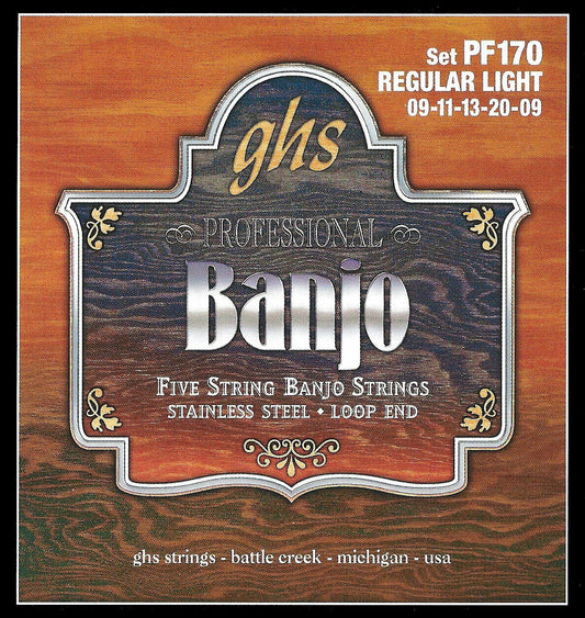 Ghs 5 String 09-20w Regular-Light Stainless Steel Loop End Banjo Strings PF170