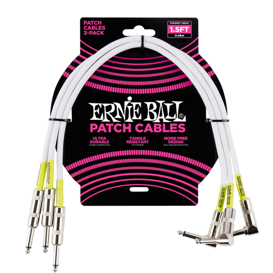 Ernie Ball 1.5ft (18 inches) 3-Pack White Straight/Angled Patch Cables 6056