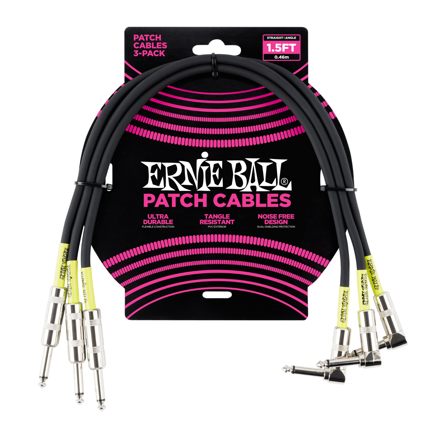 Ernie Ball 1.5ft (18 inches) 3-Pack Black Ang / Straight Patch Cables Leads 6076