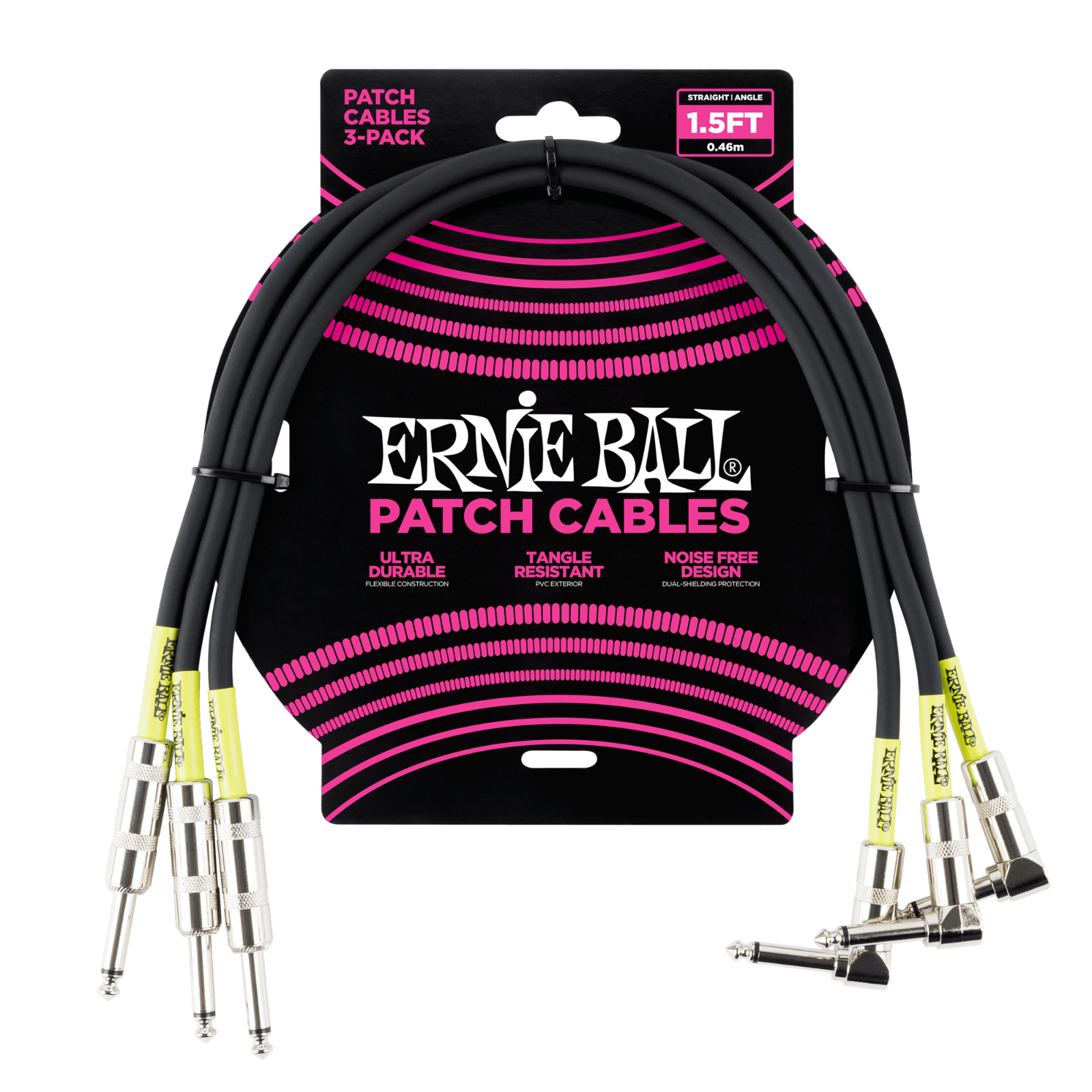 Ernie Ball 1.5ft (18 inches) 3-Pack Black Ang / Straight Patch Cables Leads 6076