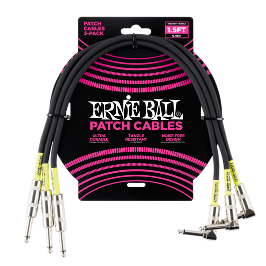 Ernie Ball 1.5ft (18 inches) 3-Pack Black Ang / Straight Patch Cables Leads 6076