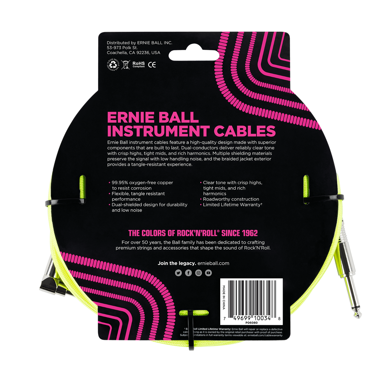 Ernie Ball 10ft Braided Neon Yellow Tangle Free Guitar / Instrument Cable Lead