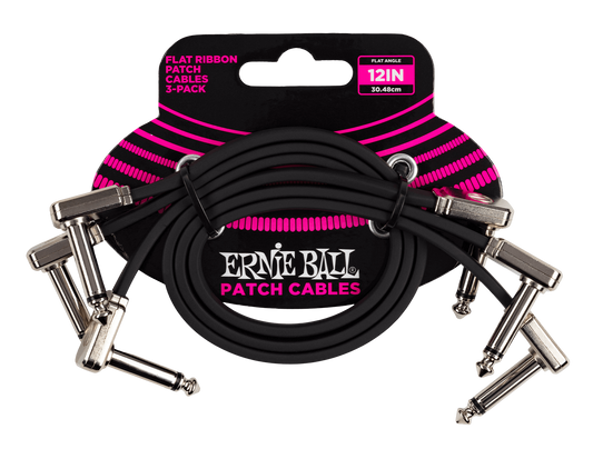 Ernie Ball 12 inch Flat Ribbon 3-Pack Black Angled Patch Cables / Lead 6222