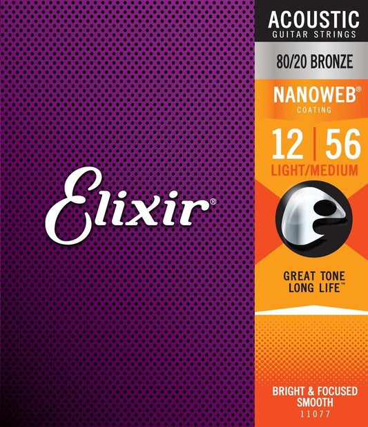 Elixir Nanoweb Coated 12-56 Medium 80/20 Bronze Acoustic Strings 11077