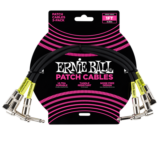 Ernie Ball 1ft (12 inches) 3-Pack Black Angled/Angled Patch Cables Leads