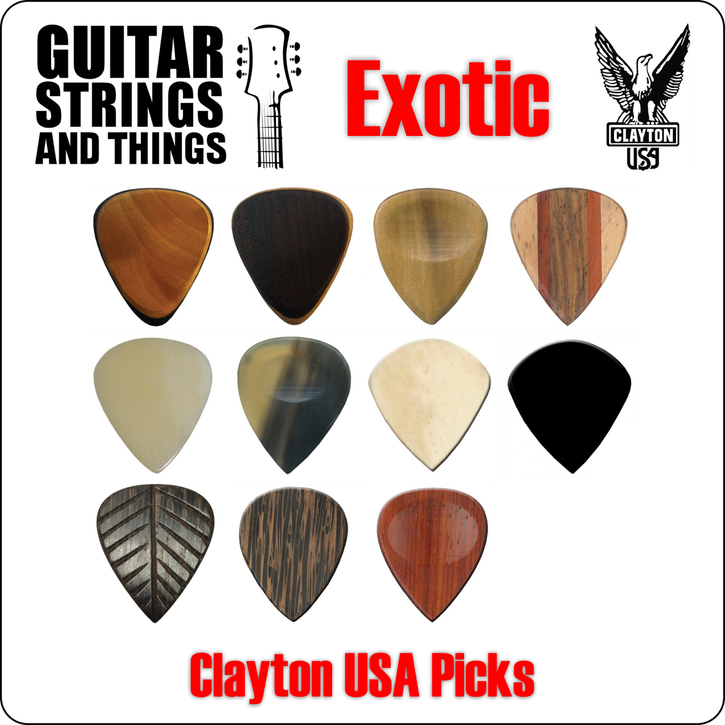 Clayton USA Exotic Natural Material Plectrums - Bags of 3 Picks