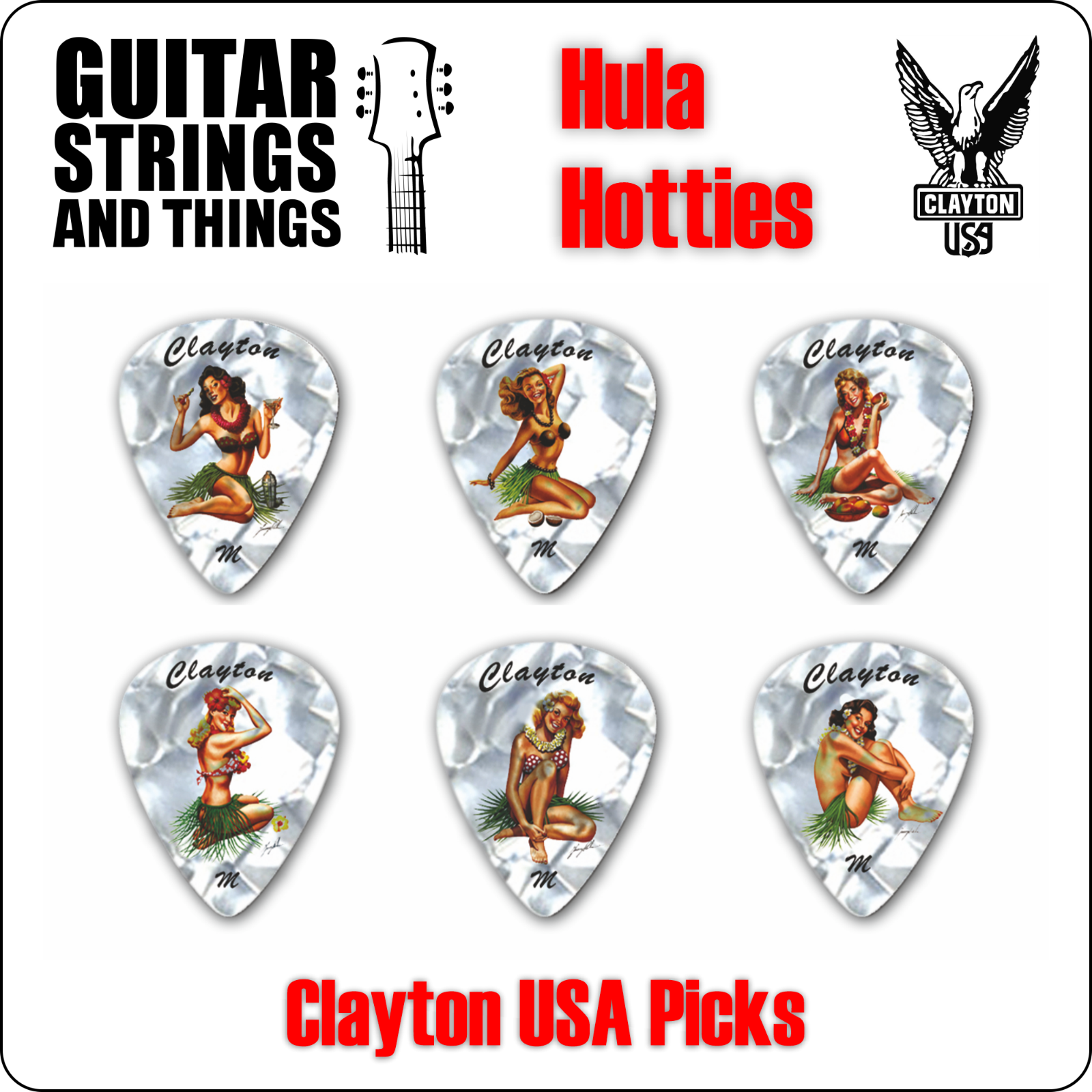 Clayton USA Hula Hotties Standard Grip Celluloid Plectrums - Bags of 12 Picks