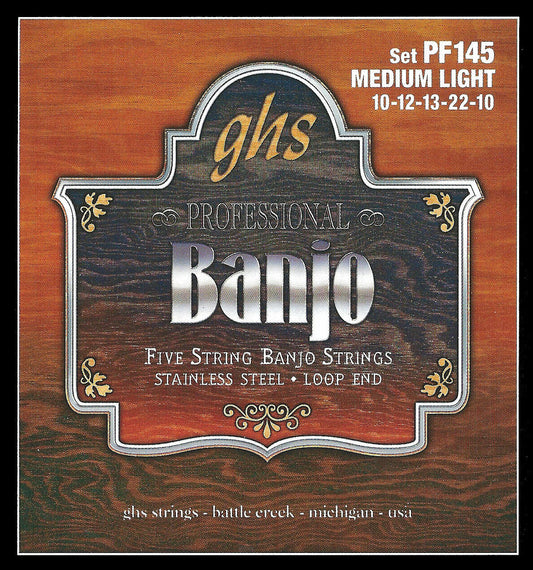 Ghs 5 String 10-22w Medium-Light Stainless Steel Loop End Banjo Strings PF145