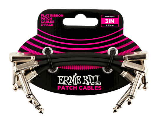 Ernie Ball 3 inch Flat Ribbon 3-Pack Black Angled Patch Cables / Lead 6220